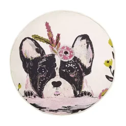 Floral Frenchie Embroidered Round Pillow