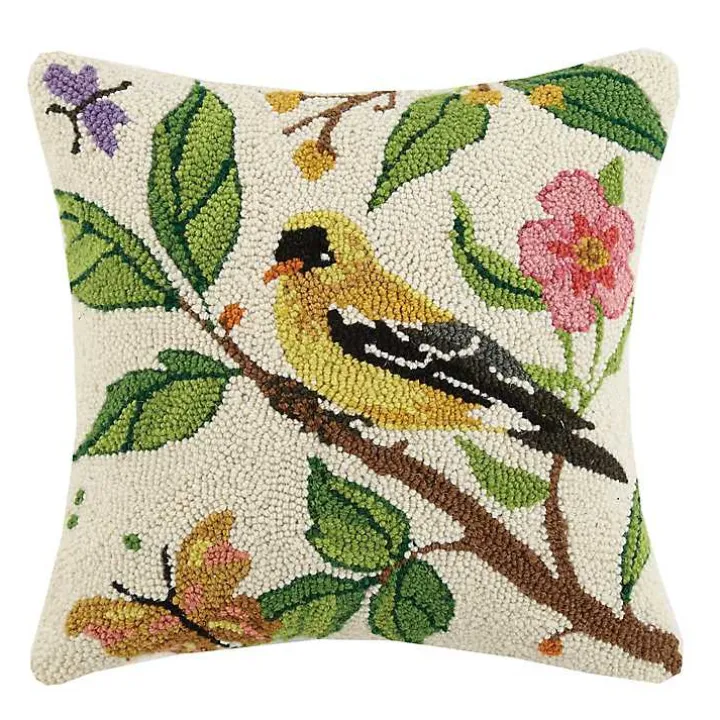 Floral Goldfinch Hooked Wool Pillow