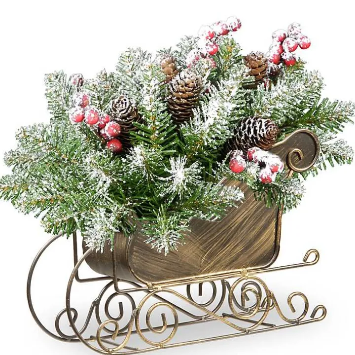 Frosted Fir Christmas Arrangement in Gold Sleigh