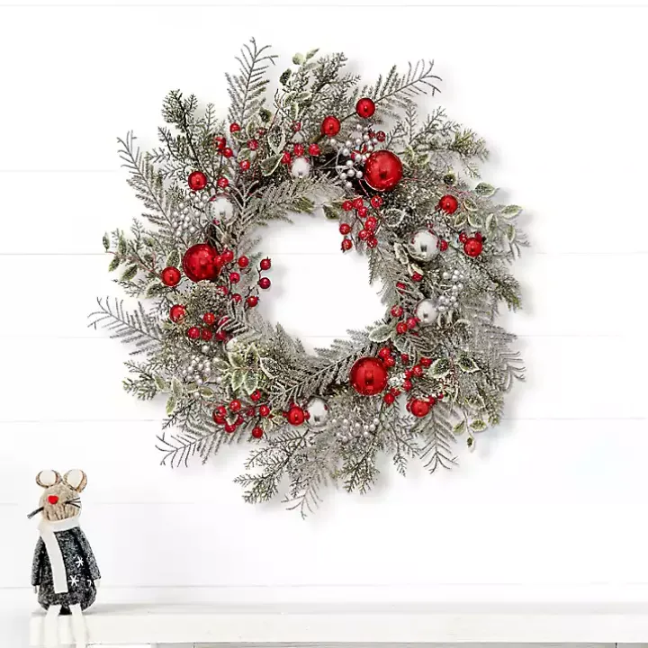 Frosted Silver Berries and Ornaments Wreath