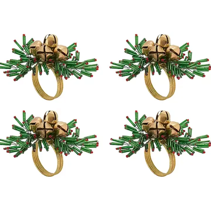 Gold Bells and Holly Napkin Rings, Set of 4