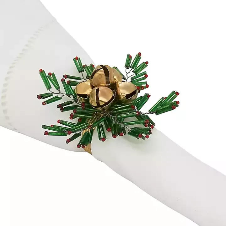 Gold Bells and Holly Napkin Rings, Set of 4