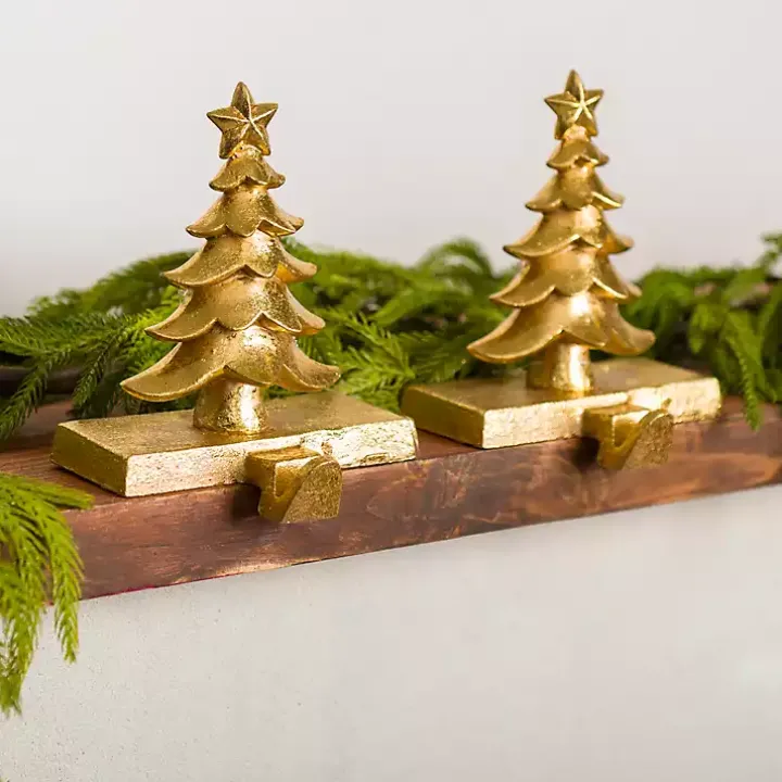 Gold Christmas Tree Stocking Holders, Set of 2