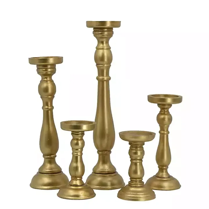 Gold Wood Spindle Taper Candle Holders, Set of 5