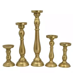 Gold Wood Spindle Taper Candle Holders, Set of 5