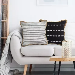 Gray and White Stripped Jute Border Accent Pillow