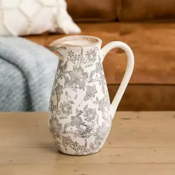 Gray Ceramic Vintage Floral Pitcher Vase