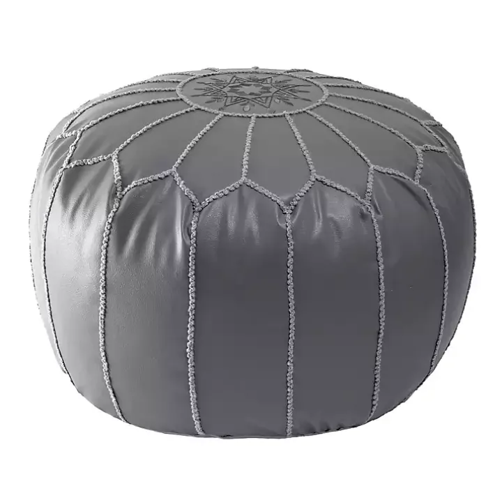 Gray Faux Leather Round Pouf