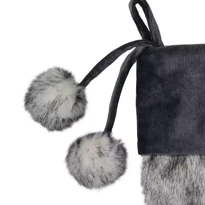 Gray Fur and Corduroy Pom Stocking
