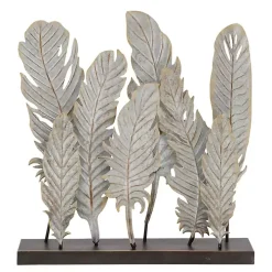 Gray Metal Distressed Feathers Sculpture with Base
