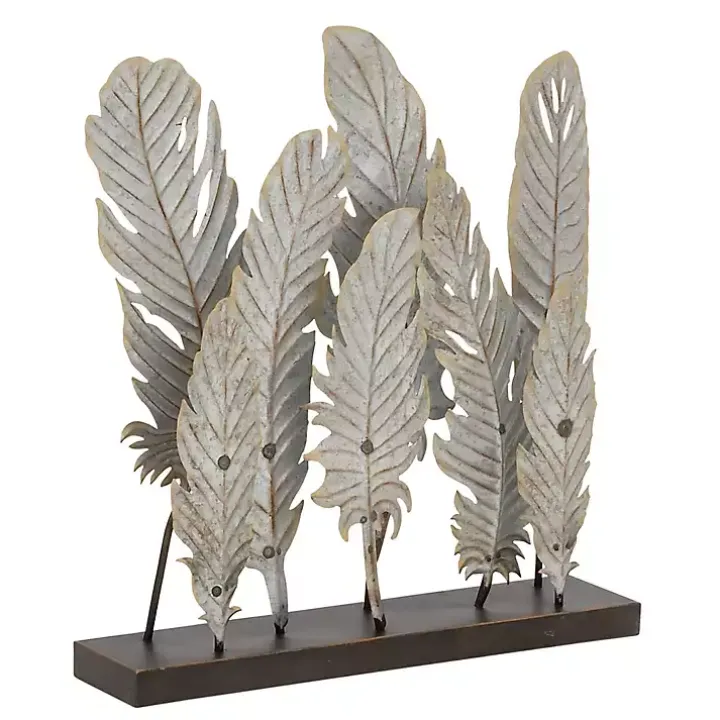 Gray Metal Distressed Feathers Sculpture with Base