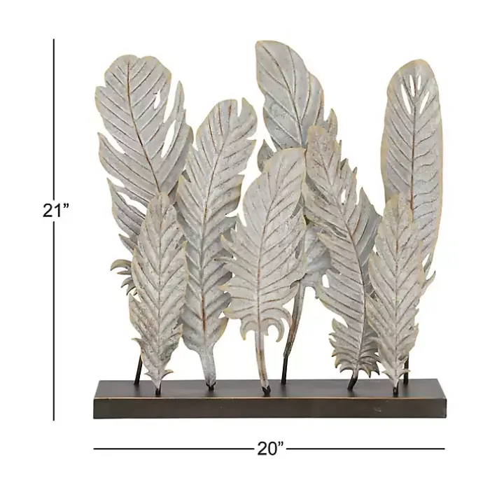 Gray Metal Distressed Feathers Sculpture with Base