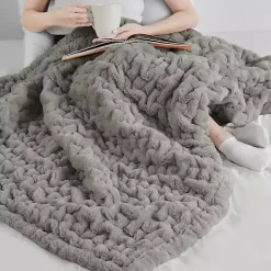 Gray Ruched Faux Fur Throw