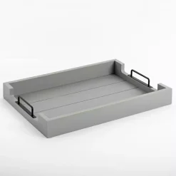 Gray Slatted Wood & Metal Handles Tray