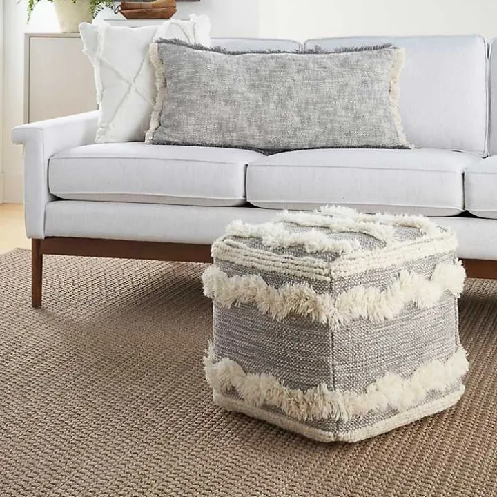 Gray Tufted Chevron Cube Pouf