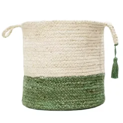 Green and Cream Woven Basket with Tassel, 17 in.