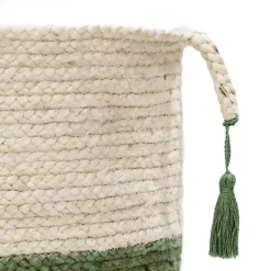 Green and Cream Woven Basket with Tassel, 17 in.