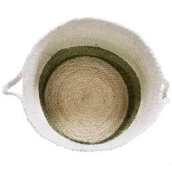 Green and Cream Woven Basket with Tassel, 17 in.