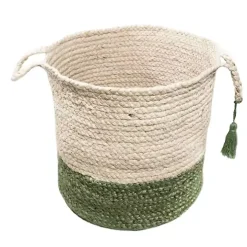 Green and Cream Woven Basket with Tassel, 17 in.