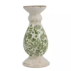 Green and White Floral Candle Holder, 10 in.