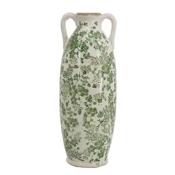 Green and White Floral Ceramic Vase, 15.6 in.