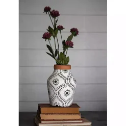 Green and White Floral Terracotta Vase