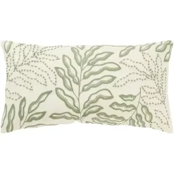 Green Embroidered Botanical Lumbar Pillow