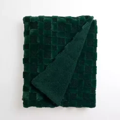 Green Faux Fur and Boucle Checkerboard Throw