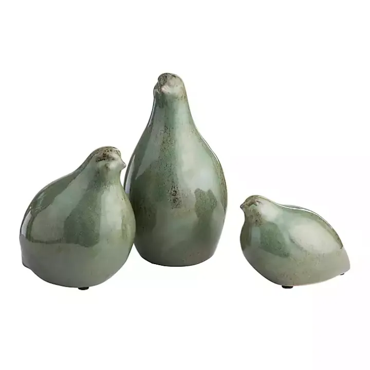 Green Glazed Ceramic Bird Figurines, Set of 3
