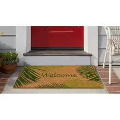 Green Palm Fronds Welcome Coir Doormat