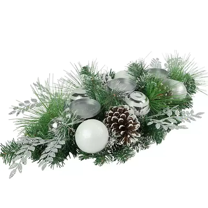 Green Pine and Ornament Candle Centerpiece
