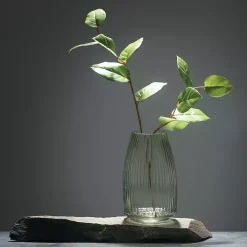 Green Round Ribbed Glass Vase