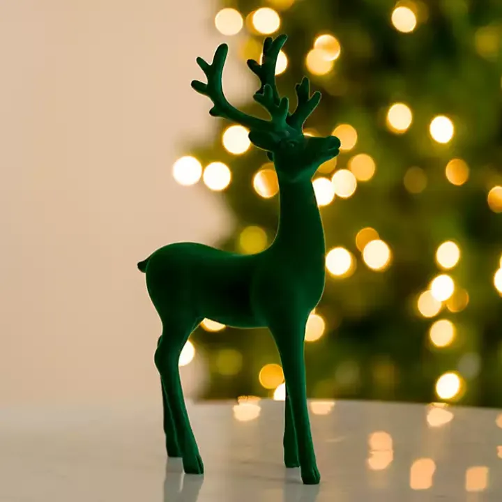 Green Velvet Standing Deer Figurine