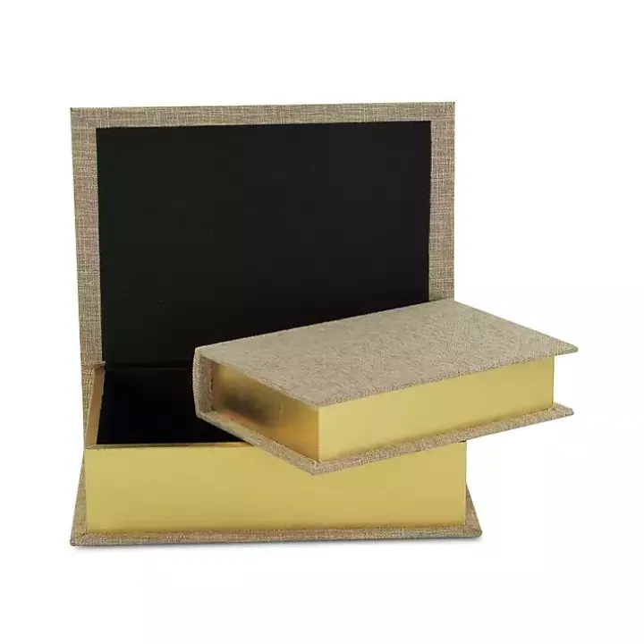 Heathered Beige Linen Book Boxes, Set of 2
