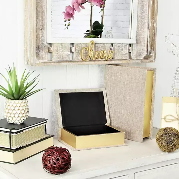 Heathered Beige Linen Book Boxes, Set of 2