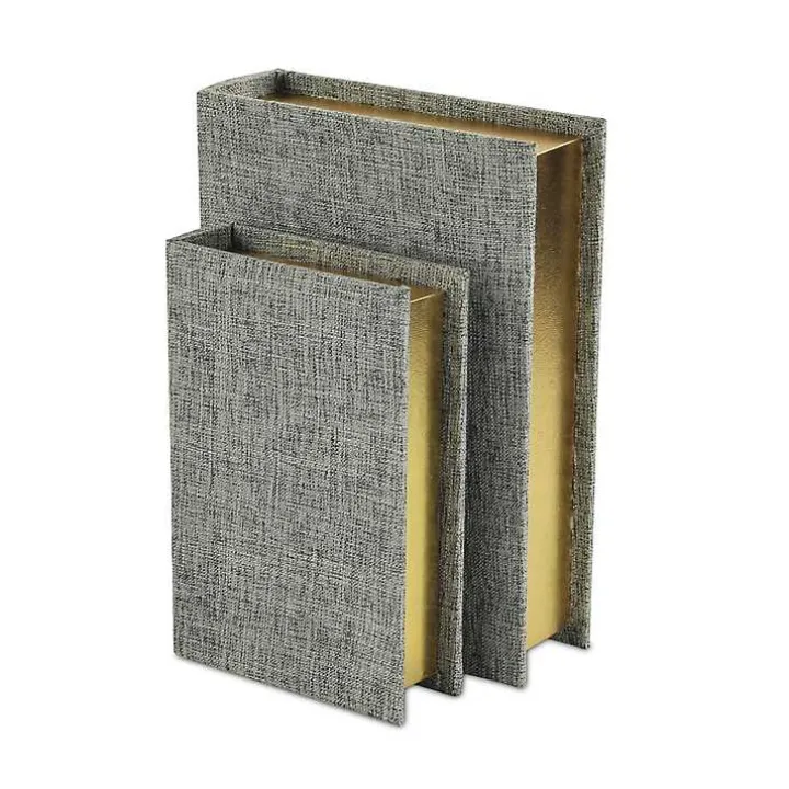 Heathered Gray Linen Book Boxes, Set of 2