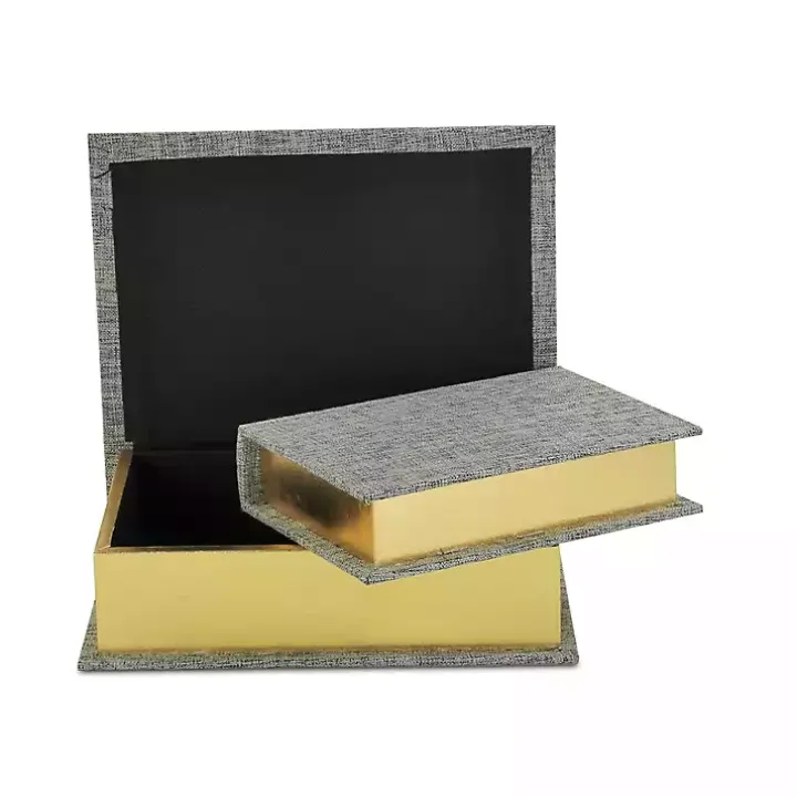 Heathered Gray Linen Book Boxes, Set of 2