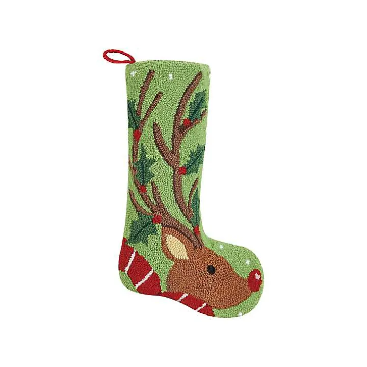 Holly Reindeer Hooked Wool Christmas Stocking