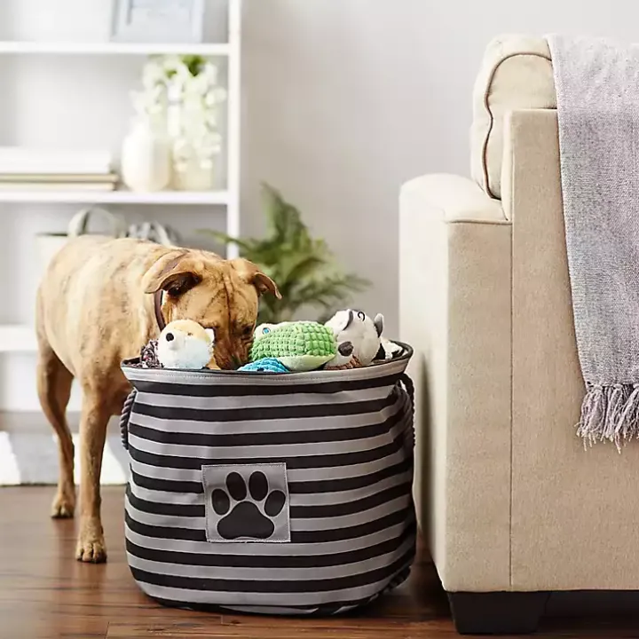 Large Black Paw Patch Stripe Round Pet Basket