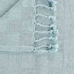 Light Blue Checkered Weave Fringe Throw