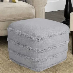 Light Gray Tufted Stripe Cotton Square Pouf