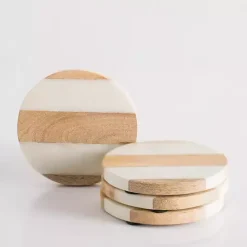 Marble and Wood Striped Coasters, Set of 4