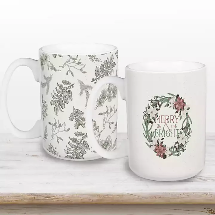 Merry & Bright Wreath Christmas Mugs, Set of 2