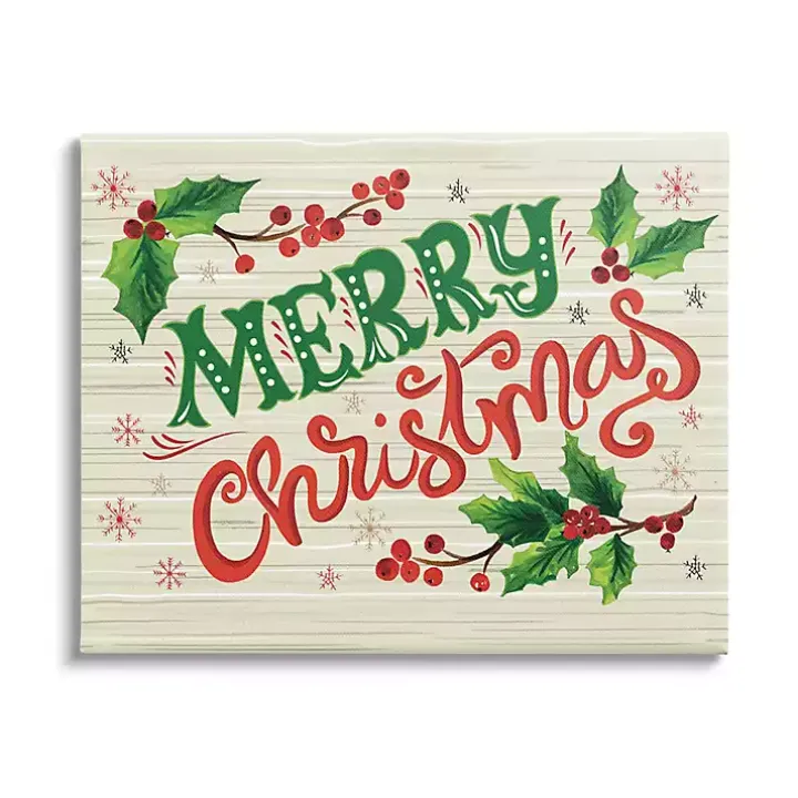 Merry Christmas with Holly Canvas Wall Plaque