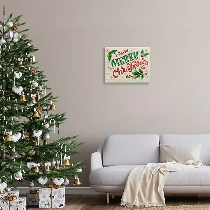 Merry Christmas with Holly Canvas Wall Plaque