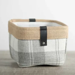 Mini Gray Plaid Bin with Leather Accent