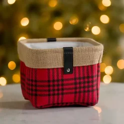Mini Red Plaid Bin with Leather Accent