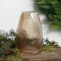 Modern Amber Ribbed Glass Vase