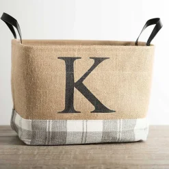 Monogrammed K Gray Plaid Leather Handle Jute Bin
