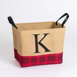 Monogrammed K Red and Black Plaid Jute Bin